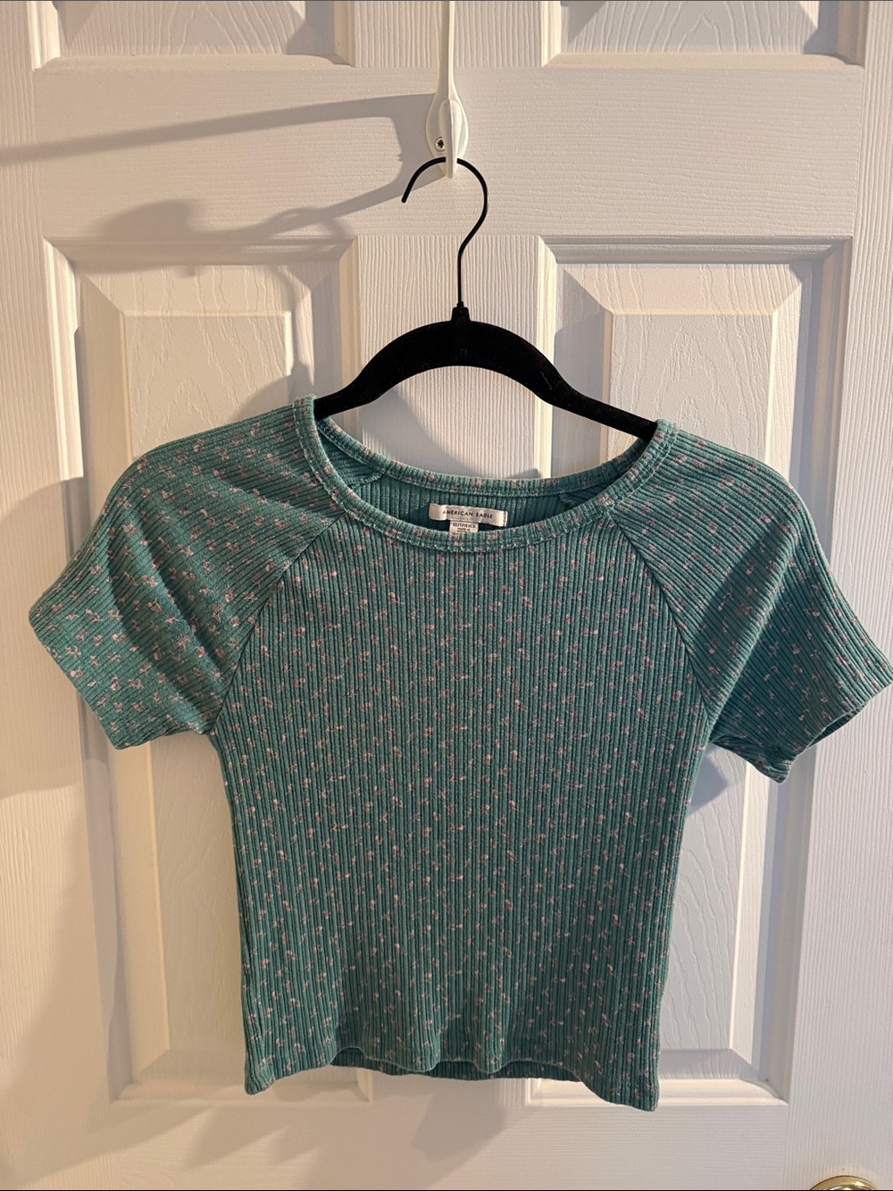 American Eagle Outfitters Teal Short-Sleeve Ribbed Tee with Pink Dot Detail
